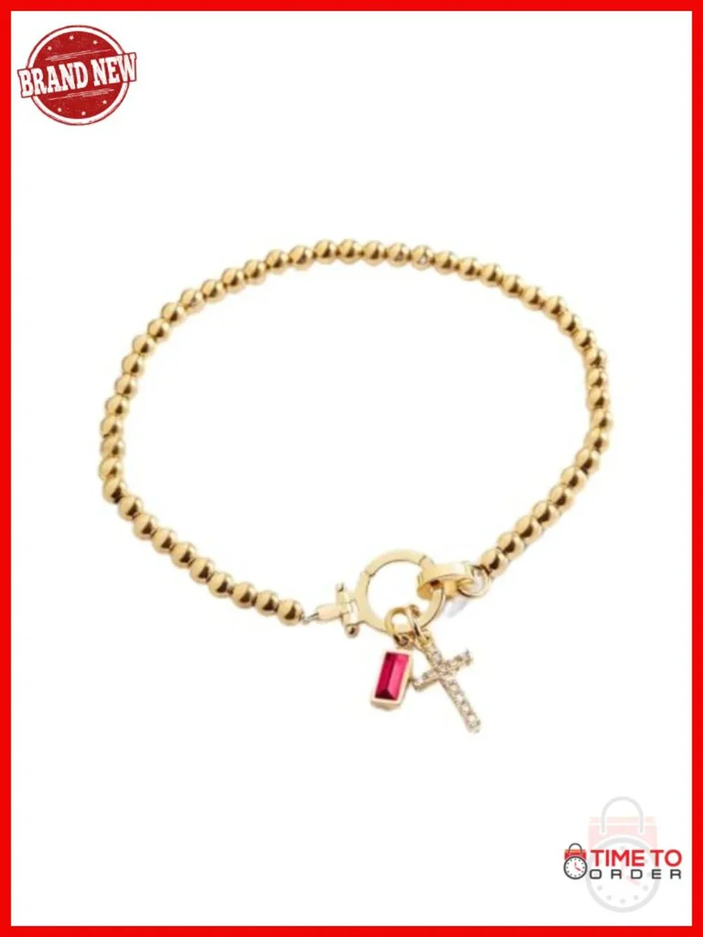Stretch Birthstone Cross Charm Bracelet - 18K Gold Plated Over Brass